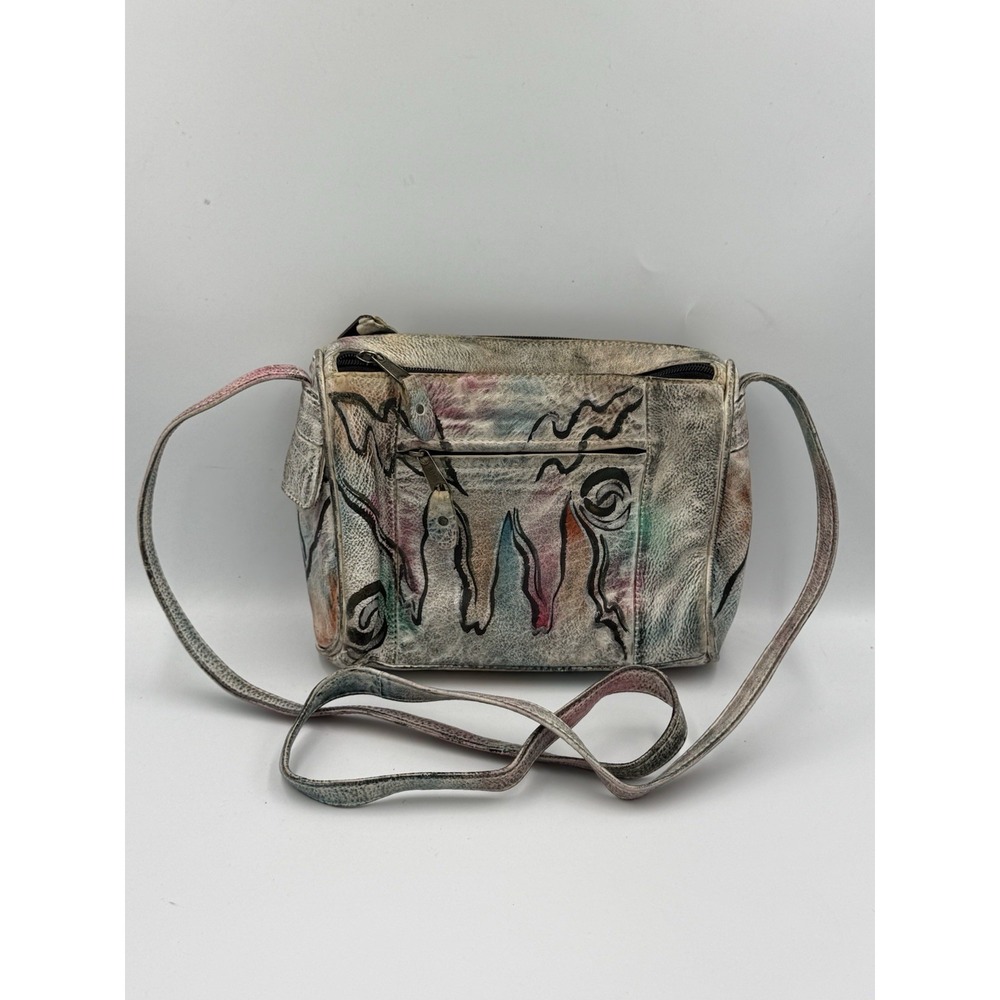 Vintage Botary Abstract Art Leather Crossbody Bag Hand Painted Pockets 90's